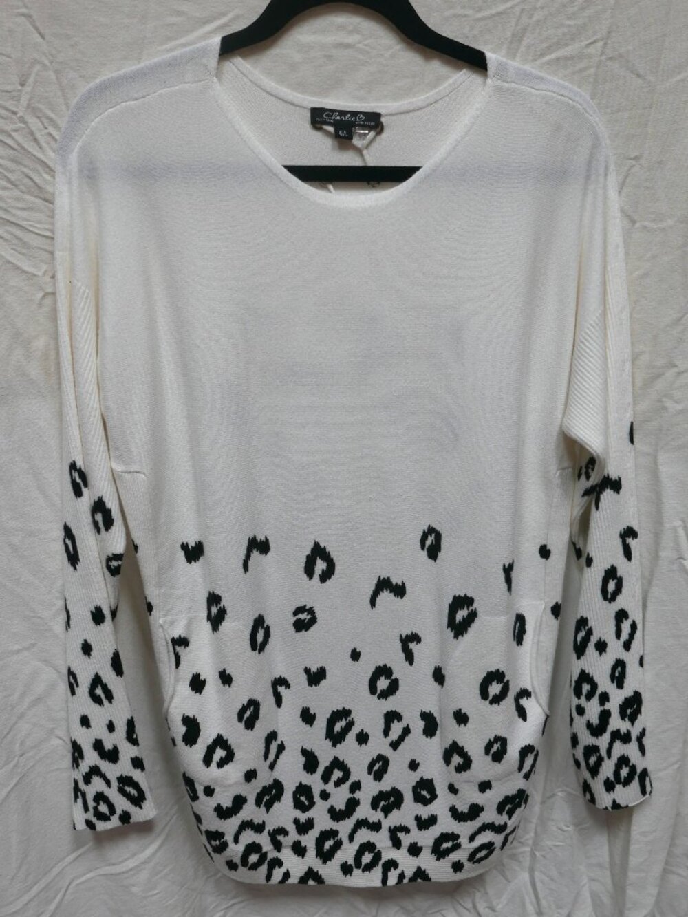 Charlie B White Black Leopard Print Lace-Up Back Long Sleeve Sweater Large